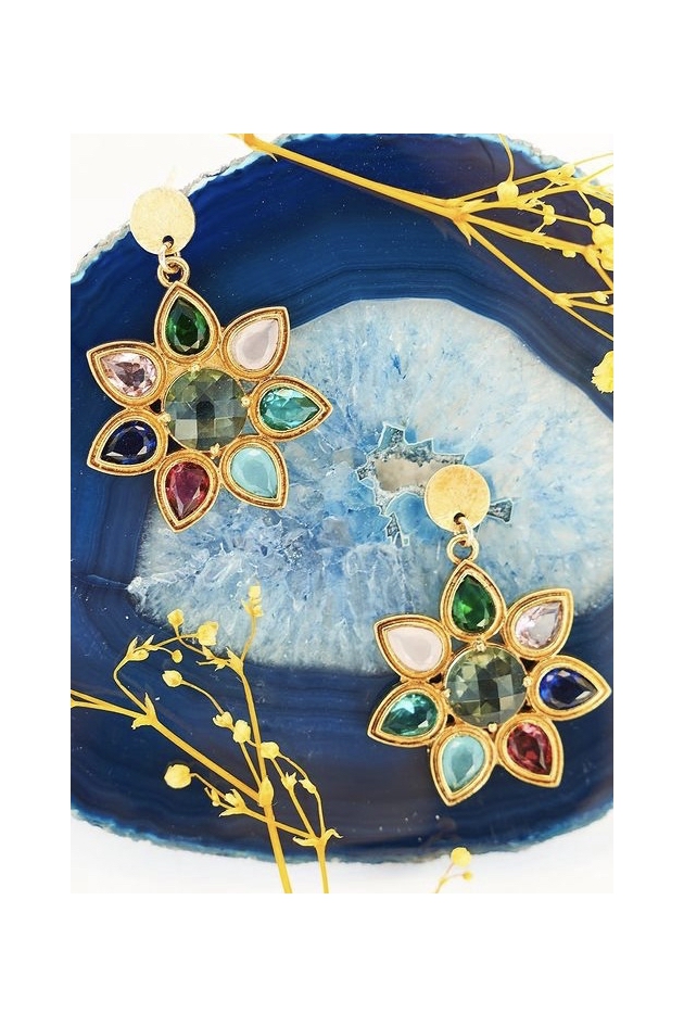 Boucles d'oreilles Fleur Calcédoine & Cristal en or plaqué 